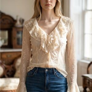 Cache Cream Lace Triple Ruffle Blouse with Bell Sleeves
